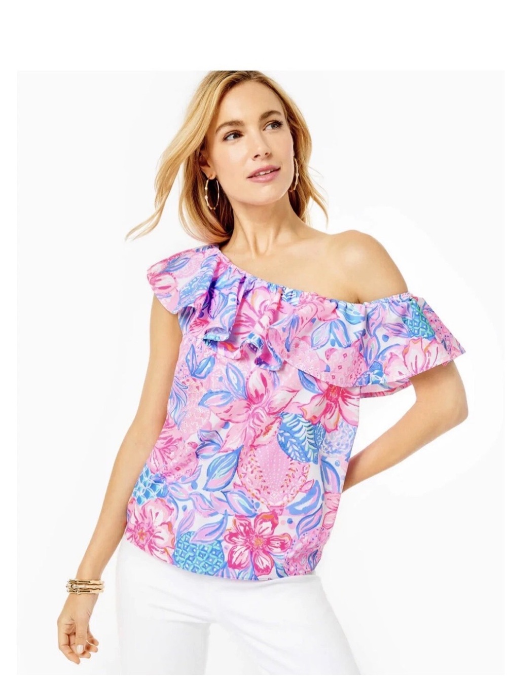 Lilly Pulitzer Zeldie Pink Isle Snappy Turtle One-Shoulder Ruffle Top
New